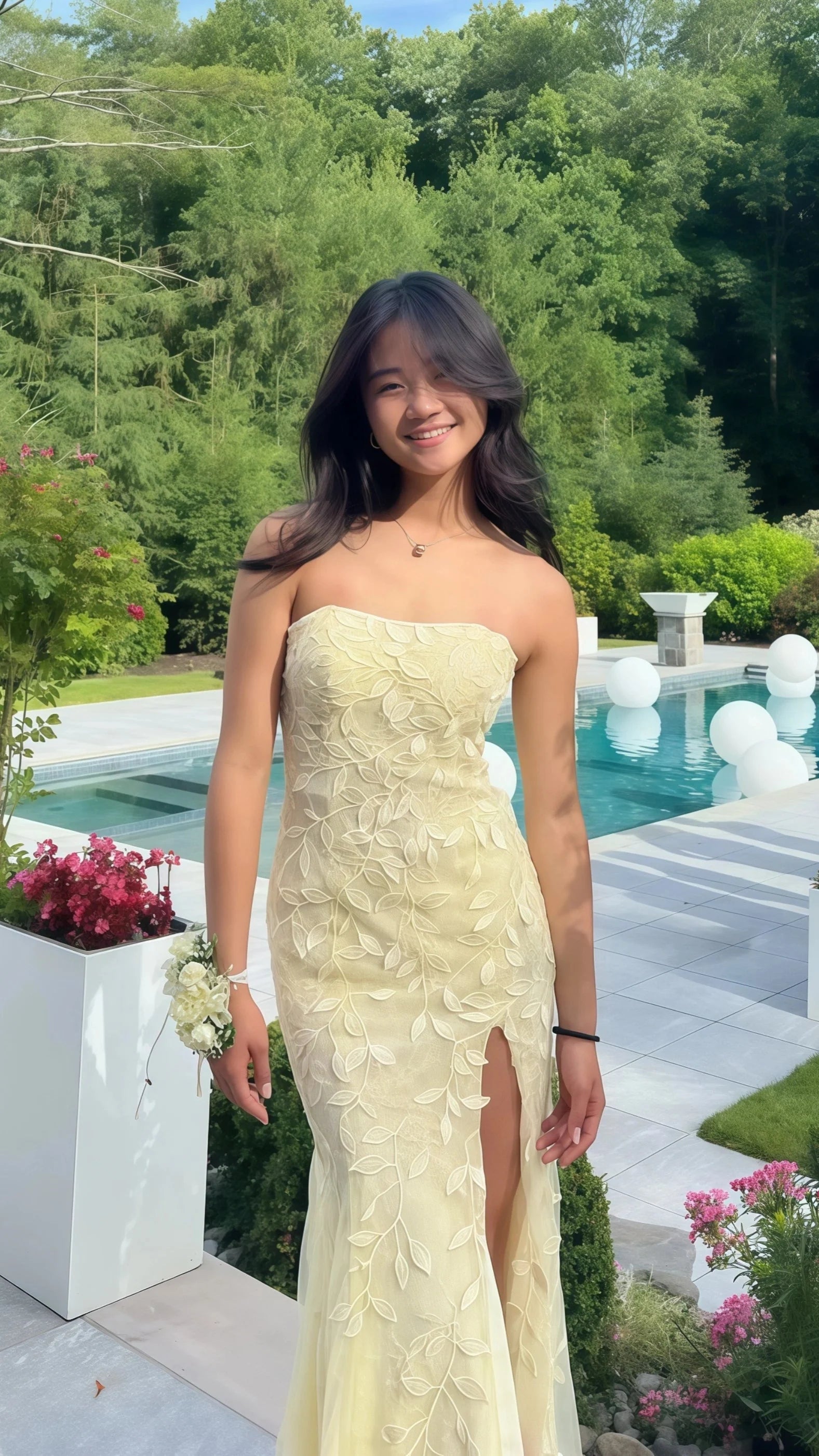 Pastel Yellow Lace Strapless Prom Dresses Long With Side Slit Secondary image