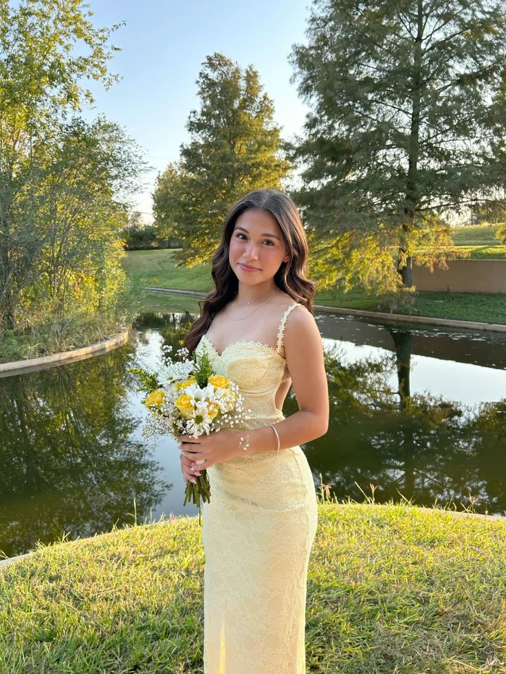 Pastel Yellow Prom Dresses Elegant Lace Prom Dresses Main image