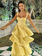 Pastel Yellow Ruffle Tiered A-Line Long Prom Dresses