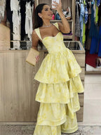 Pastel Yellow Ruffle Tiered A-Line Long Prom Dresses