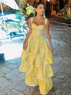 Pastel Yellow Ruffle Tiered A-Line Long Prom Dresses