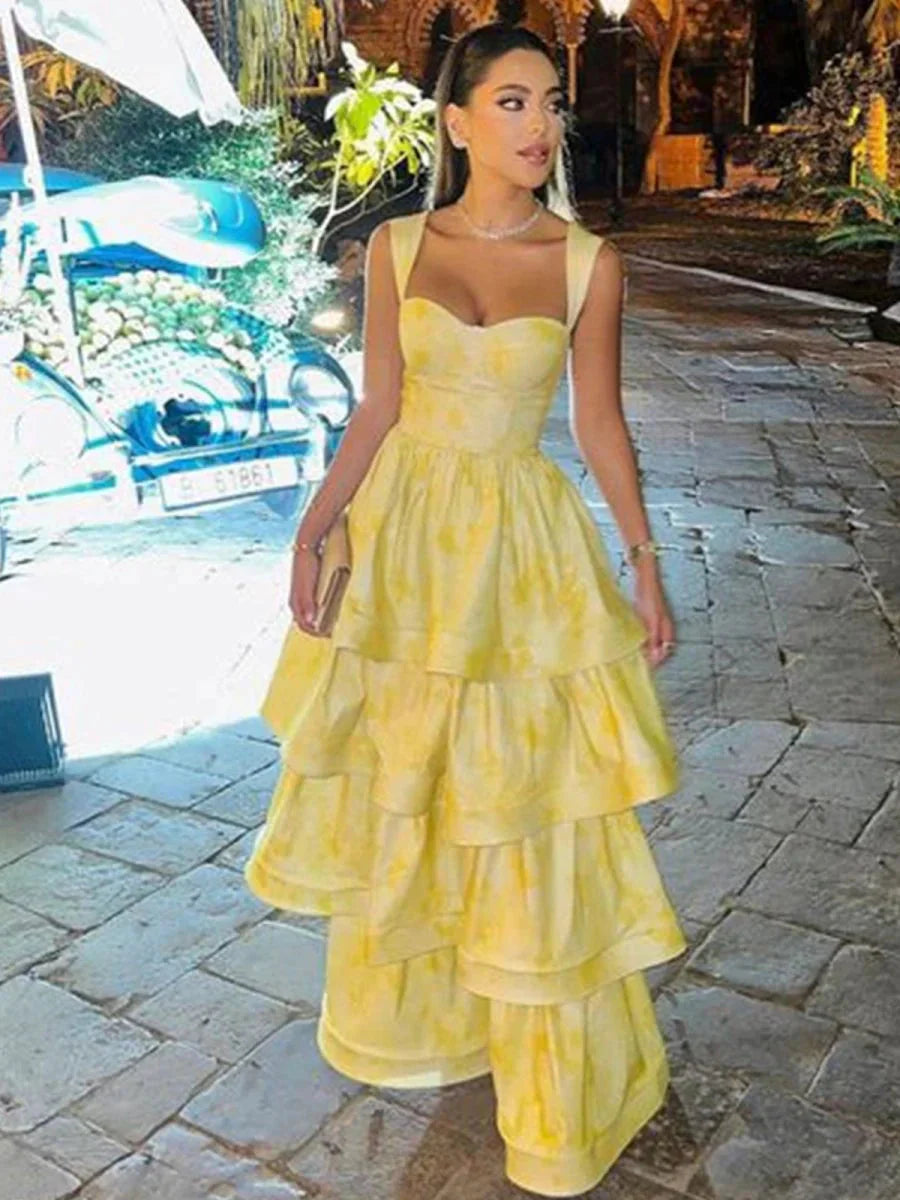 Pastel Yellow Ruffle Tiered A-Line Long Prom Dresses Main image
