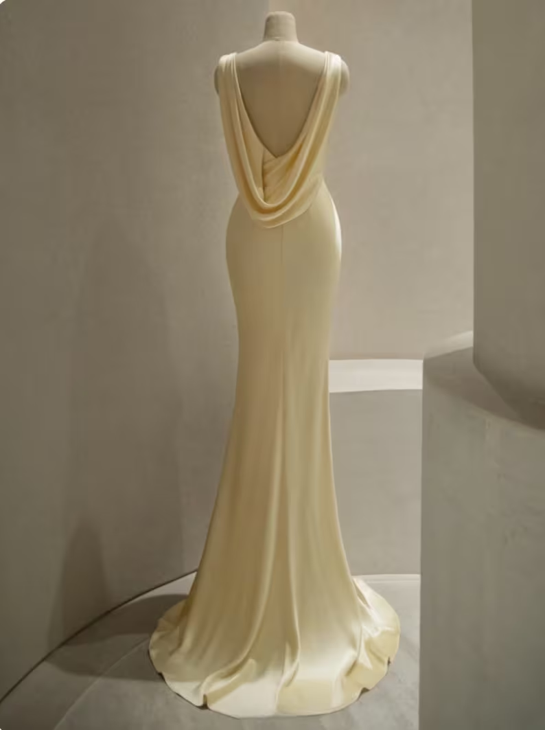 Pastel Yellow Satin Backless Mermaid Long Prom Dresses