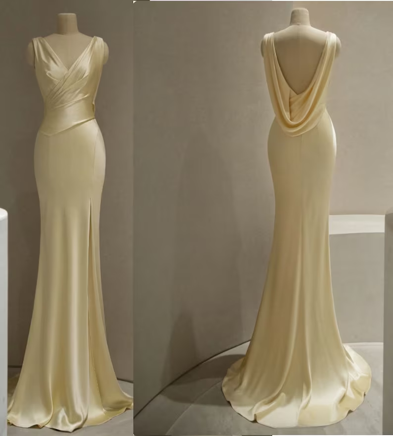 Pastel Yellow Satin Backless Mermaid Long Prom Dresses