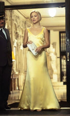 Pastel Yellow Sheath Prom Dresses Long Cute Satin Prom Dresses