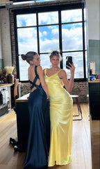 Pastel Yellow Sheath Long Prom Dress Cute Satin Evening Party Dress