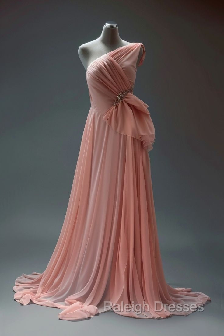 Peach A-Line One Shoulder Chiffon Long Prom Dress Simple Bridal Dress