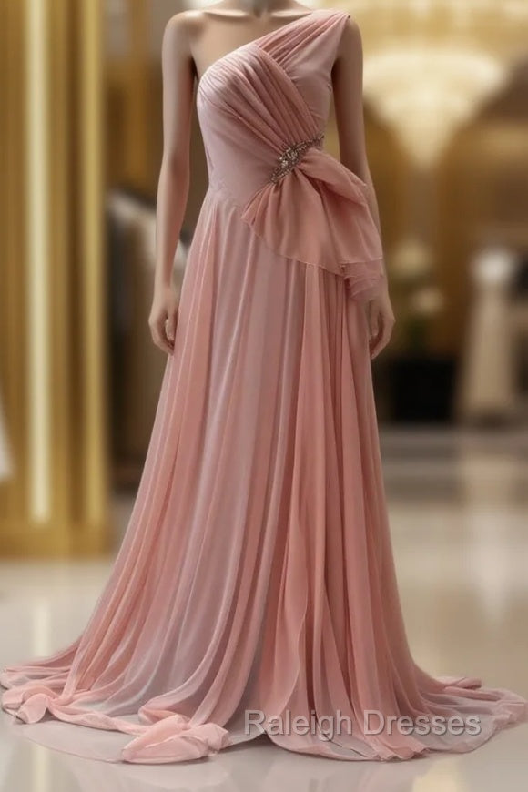 Peach A-Line One Shoulder Chiffon Long Prom Dress Simple Bridal Dress