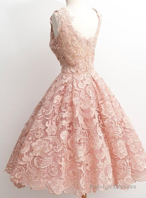 Peach Lace Scoop Neckline Short Cute Homecoming Dress