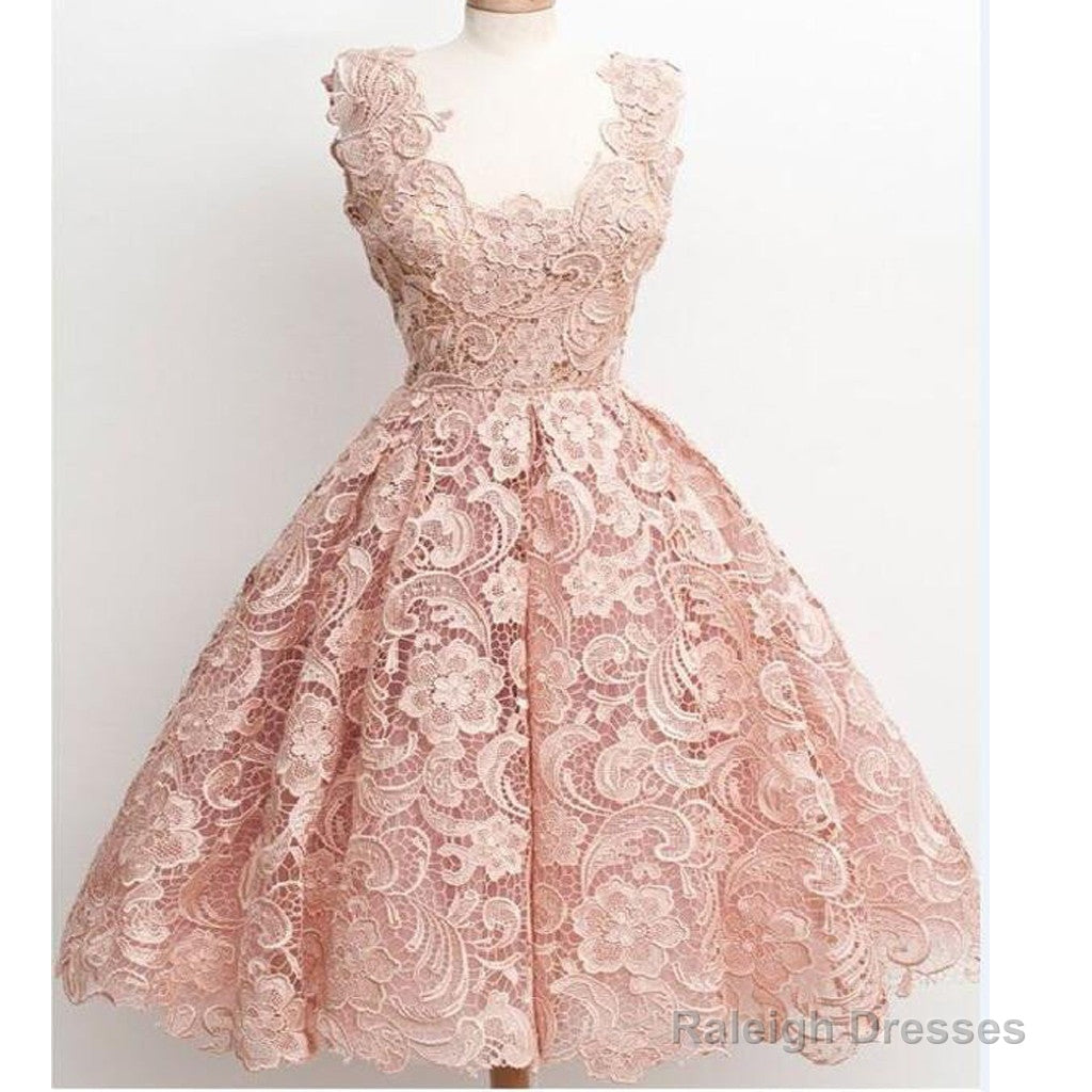 Peach Lace Scoop Neckline Short Cute Homecoming Dresses Main image