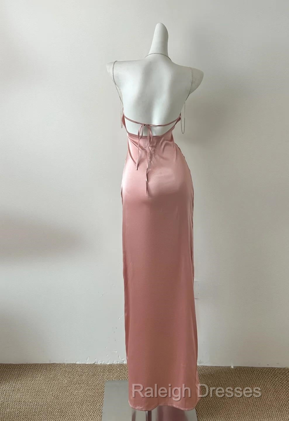 Peach Pink Diamond Spaghetti Strap Satin Bodycon Ball Dress Secondary image