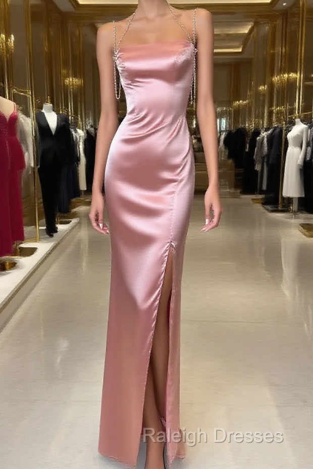 Peach Pink Diamond Spaghetti Strap Satin Bodycon Ball Dress Main image