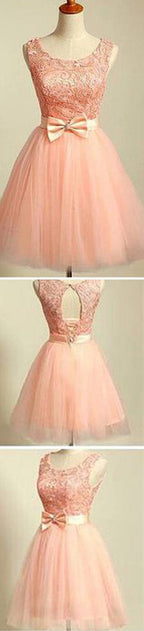 Peach Pink lace lovely for teens modest formal homecoming Dress