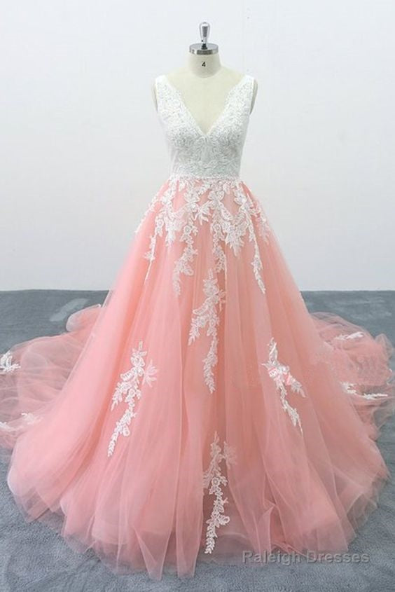 Peach Pink Tulle Cathedral Train Lace Wedding Dress, Formal Halter Prom Dress