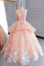 Peach Pink Tulle Princess Sweet 16 Party Dress, Quinceanera Dresses Formal Dress
