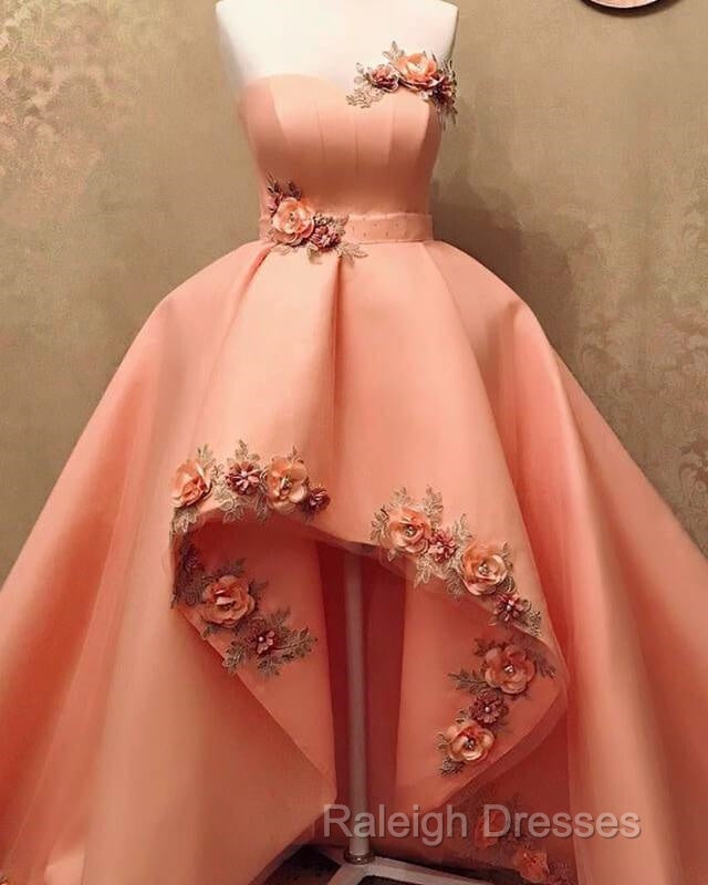 Peach Sweetheart High Low Dresses With 3D Flowers