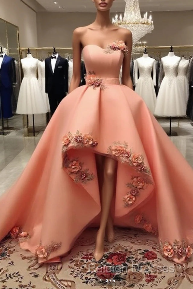 Peach Sweetheart High Low Dress With 3D Flowers Main image