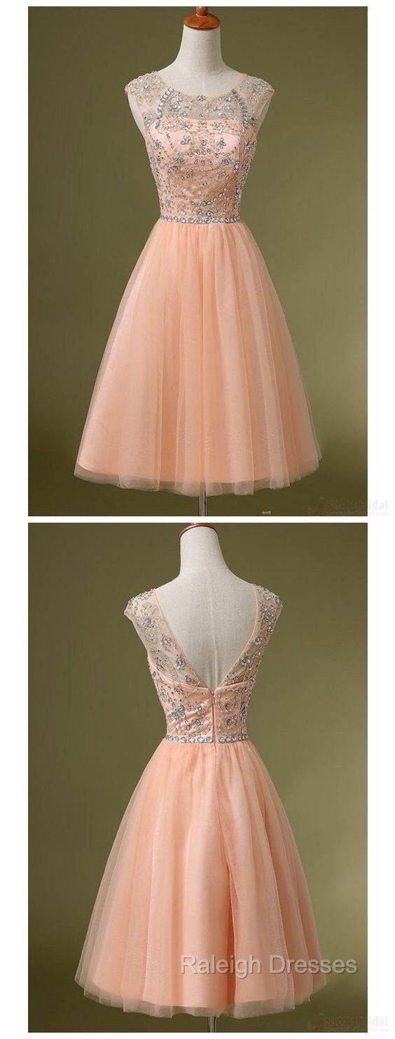 Peach Tulle Beaded Short Cute Homecoming Dresses Secondary image