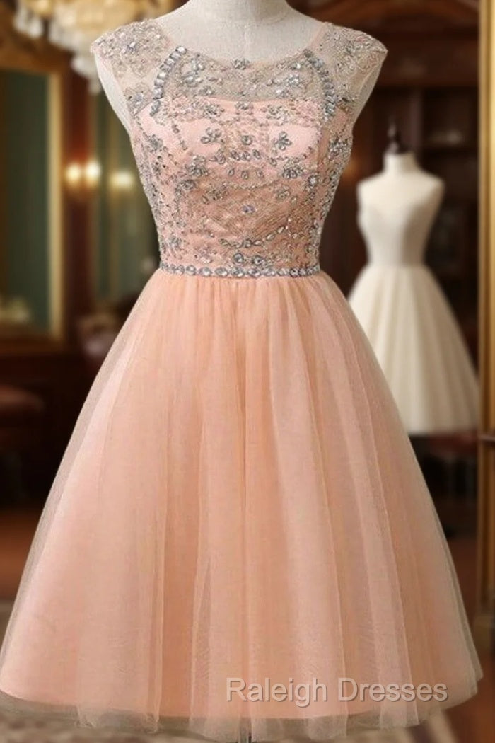Peach Tulle Beaded Short Cute Homecoming Dresses Main image