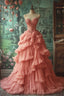 Peach Vintage A-Line Sweetheart Neck Long Prom Gowns Sweet Beaded Applique Dresses