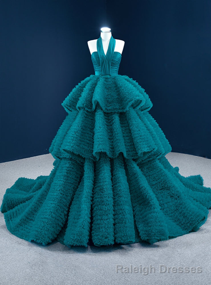 Peacock Blue Ball Gowns Tulle Halter Tiers Prom Dress