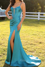 Peacock Blue Corset Mermaid Cut-Out Satin Long Prom Dress with Slit