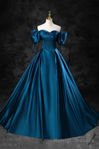 Peacock Blue Long Satin Prom Dresses, Peacock Blue Long Satin Formal Prom Dresses