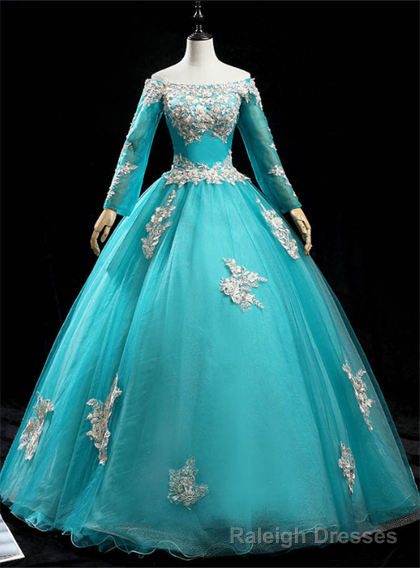 Peacock Blue Tulle Off the Shoulder Long Sleeve Appliques Quinceanera Dress Main image