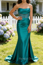 Peacock Mermaid Strapless Pleated Corset Long Prom Dress with Slit