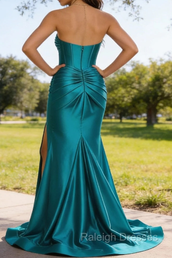 Peacock Mermaid Sweetheart Corset Prom Dresses Long with Slit