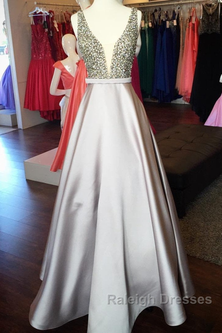 Pearl Beaded V Neck Long Silver Satin Prom Dress Floor Length Secondary image