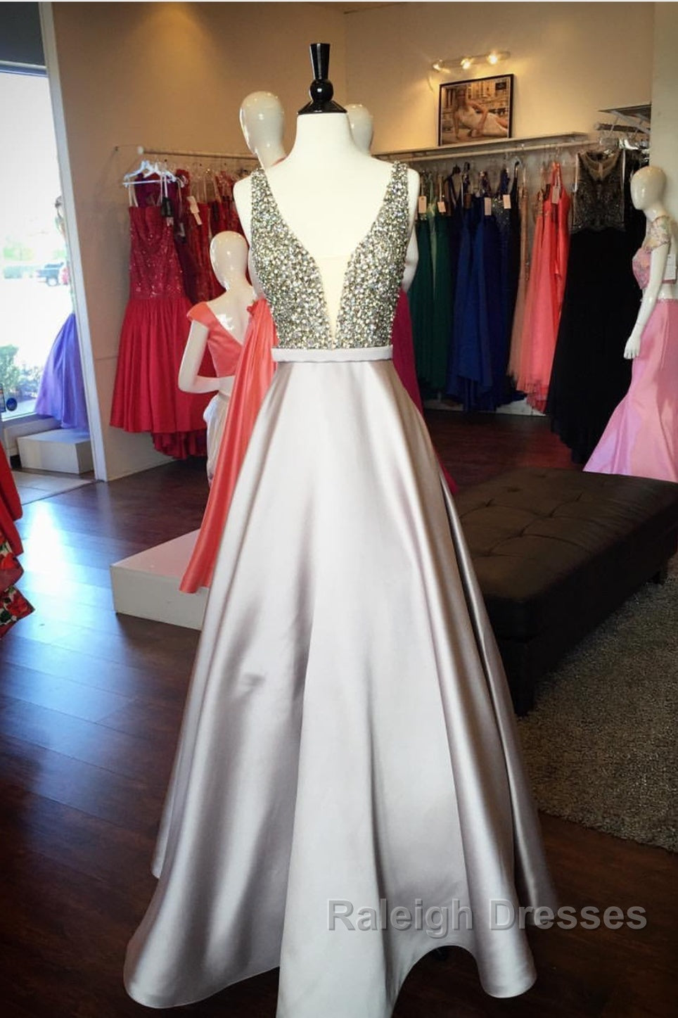 Pearl Beaded V Neck Long Silver Satin Prom Dress Floor Length