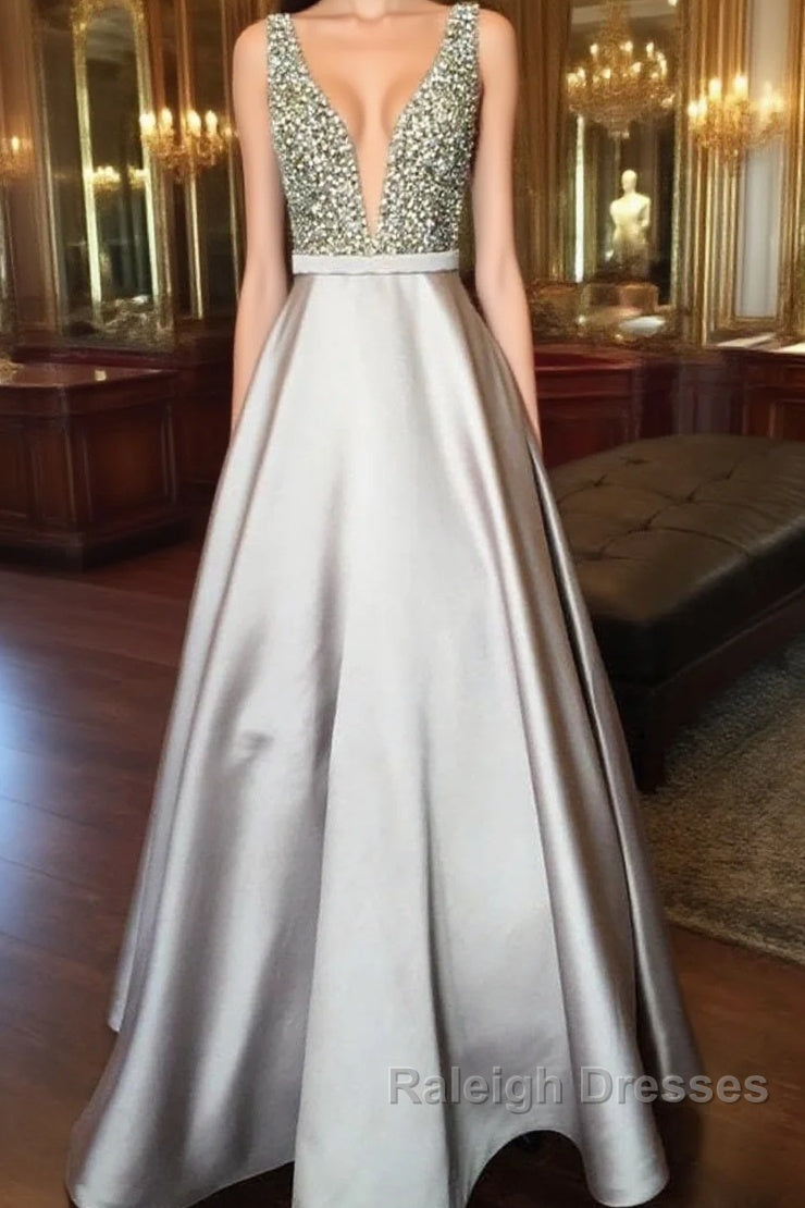 Pearl Beaded V Neck Long Silver Satin Prom Dresses Floor Length