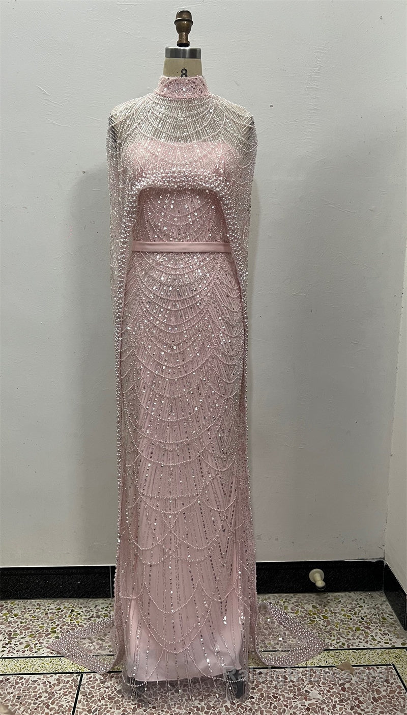 Pearl Pink Beading Prom Dresses Sweep Train High Neck Zipper Sleeveless Evening Dresses Main image