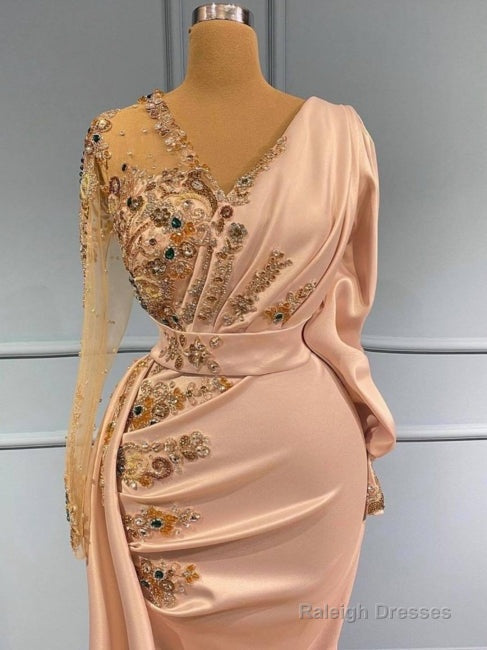 Pearl Pink Long Sleeves Ruched Beading Trumpet Mermaid Prom Dresses Secondary image