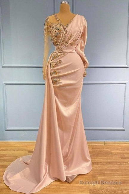 Pearl Pink Long Sleeves Ruched Beading Trumpet Mermaid Prom Dresses
