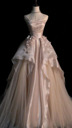 Pearl Pink Strapless A-Line Tulle Long Prom Gowns With Pearls