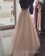 Pearl Pink Tulle Prom Dress V Neck Appliques