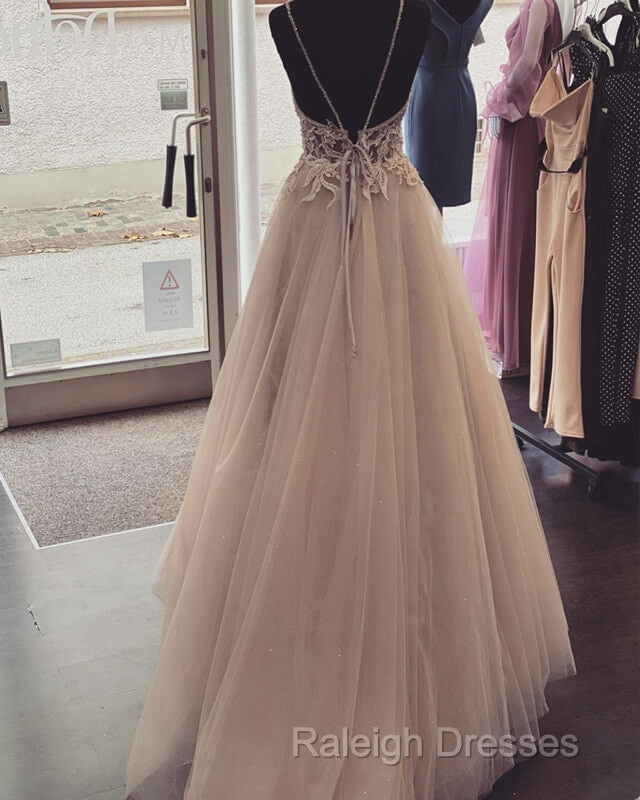 Pearl Pink Tulle Prom Dress V Neck Appliques