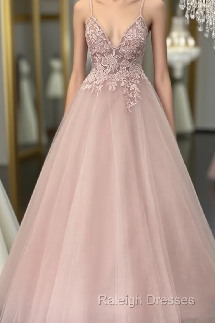 Pearl Pink Tulle Prom Dresses V Neck Appliques Main image