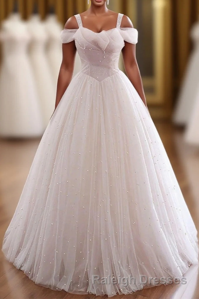 Pearl Pink Straps A Line Tulle Long Prom Dress with Pearls, Long Formal Gown Main image