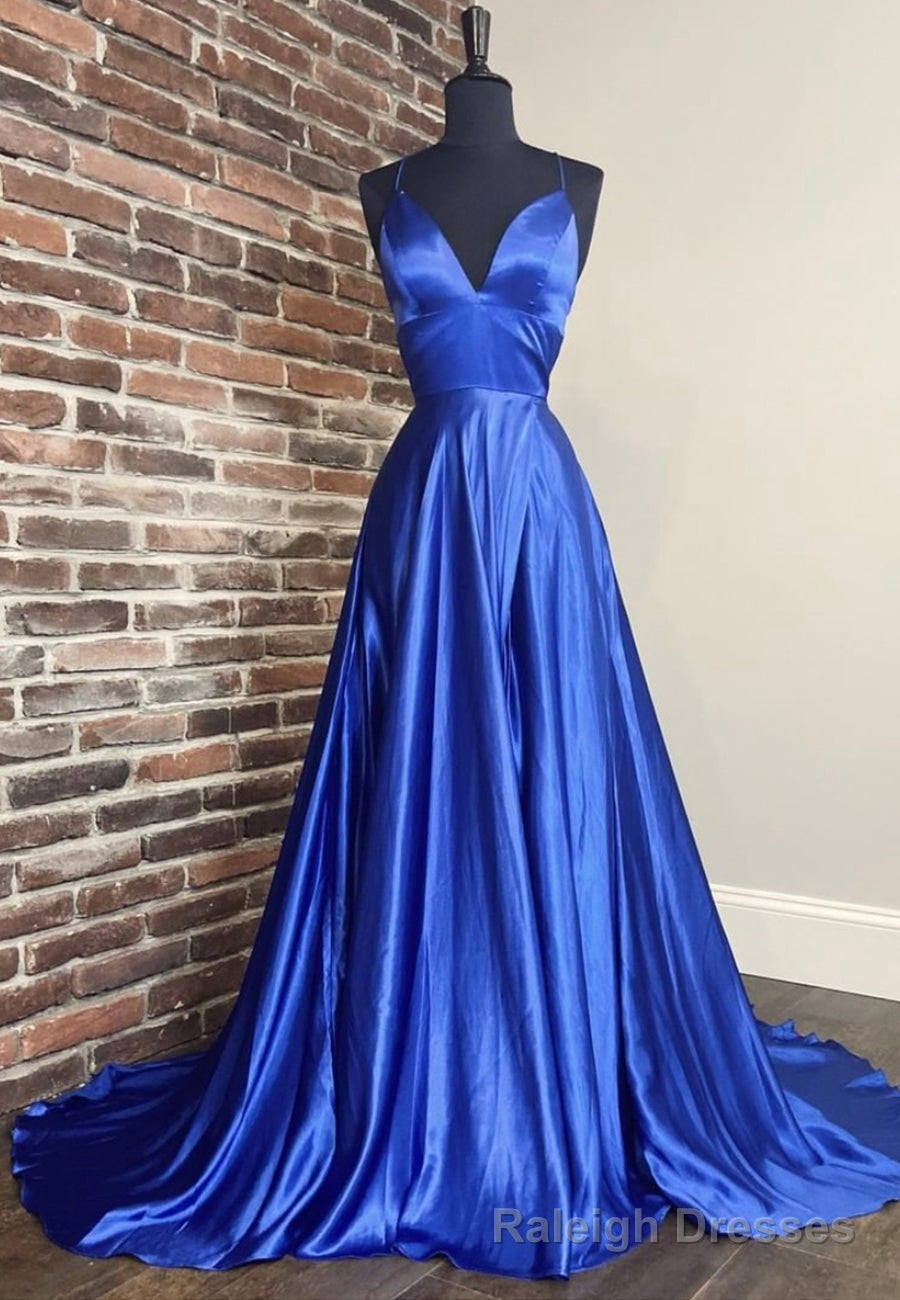 Blue V Neck Satin Long Prom Dresses, Simple Prom Dresses