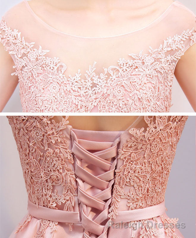 Pink High Low Lace Prom Dress, Pink Formal Bridesmaid Dress Secondary image