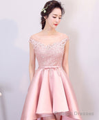 Pink High Low Lace Prom Dress, Pink Formal Bridesmaid Dress