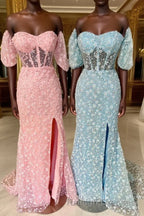 Pink 3D Floral Lace Sweetheart Mermaid Prom Dresses Long with Slit