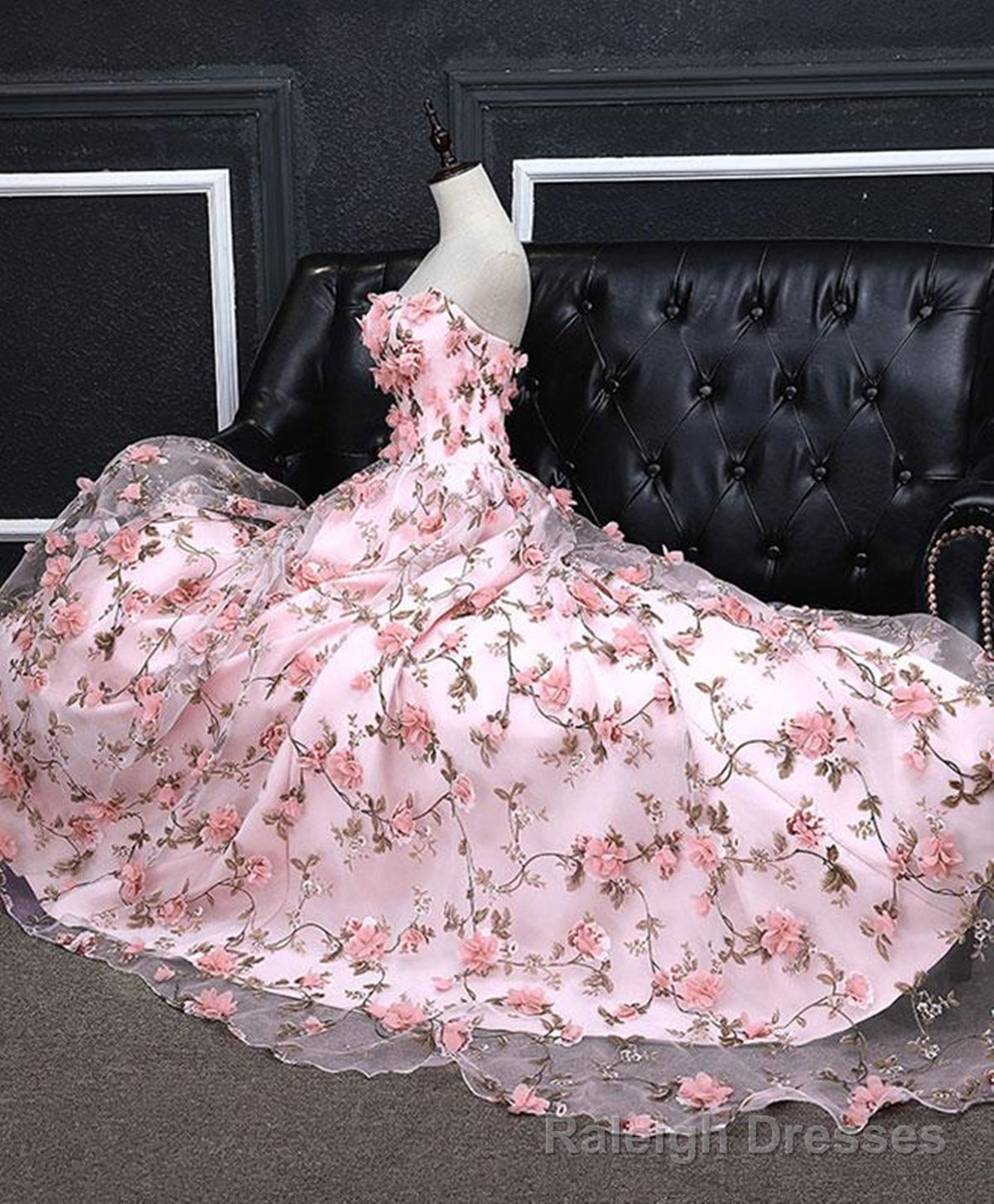 Pink 3D Flower Long Prom Dresses, 3D Floral Pink Long Formal Prom Dresses
