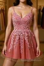 Pink A-line Double Straps V Neck Lace-Up Applique Mini Homecoming Dress
