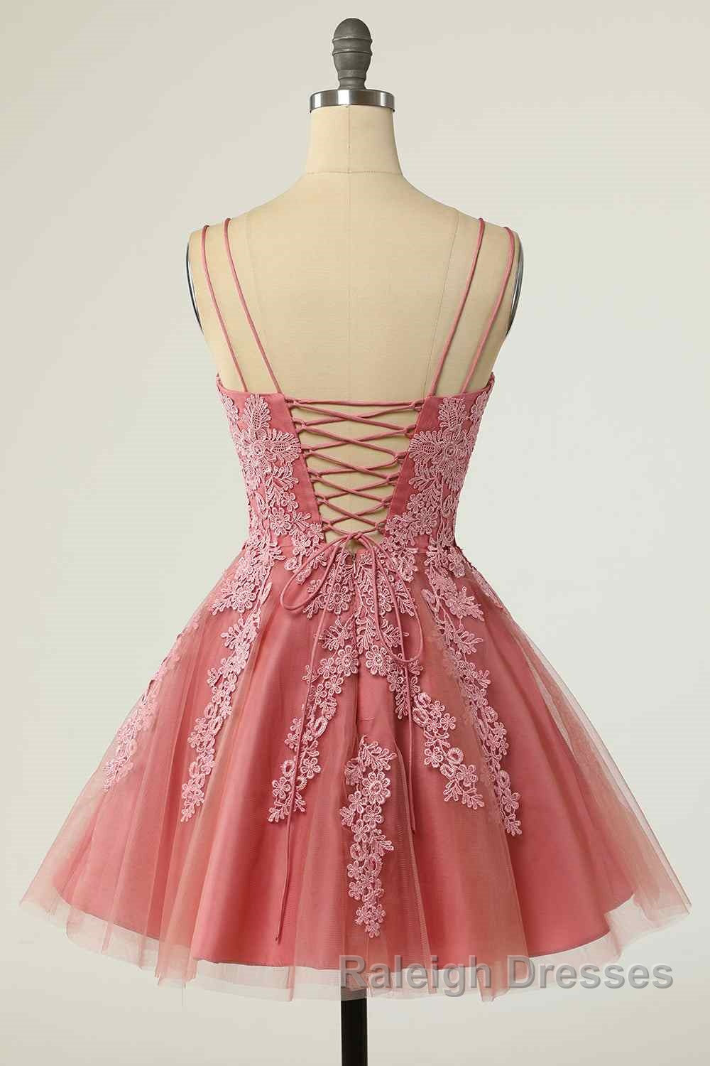 Pink A Line Double Straps V Neck Lace-Up Applique Mini Homecoming Dresses