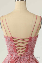 Pink A Line Double Straps V Neck Lace-Up Applique Mini Homecoming Dresses