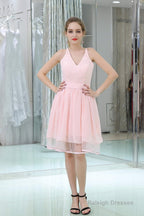 Pink A-Line Mini Lace Bridesmaid Dresses